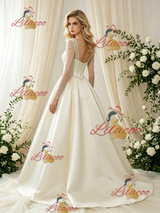 Ivory Satin Long Sleeve Beading Wedding Dress