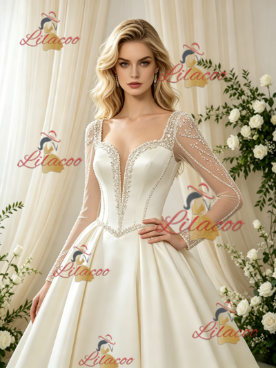 Ivory Satin Long Sleeve Beading Wedding Dress