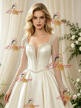 Ivory Satin Long Sleeve Beading Wedding Dress