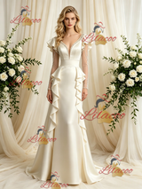 Ivory Satin Long Sleeve Beading Wedding Dress