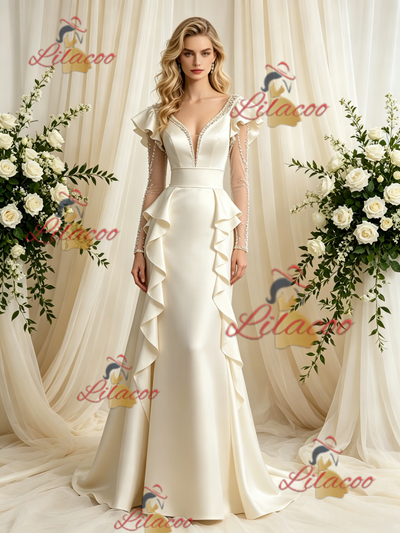 Ivory Satin Long Sleeve Beading Wedding Dress