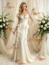 Ivory Satin Long Sleeve Beading Wedding Dress