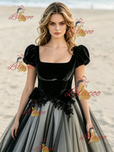 Black Tulle Puff Sleeve Appliques Wedding Dress