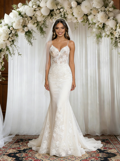 White Mermaid Lace Spaghetti Straps Wedding Dress