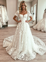 White Tulle Lace Puff Sleeve Wedding Dress