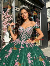Green Tulle Off the Shoulder Appliques Quinceanera Dress