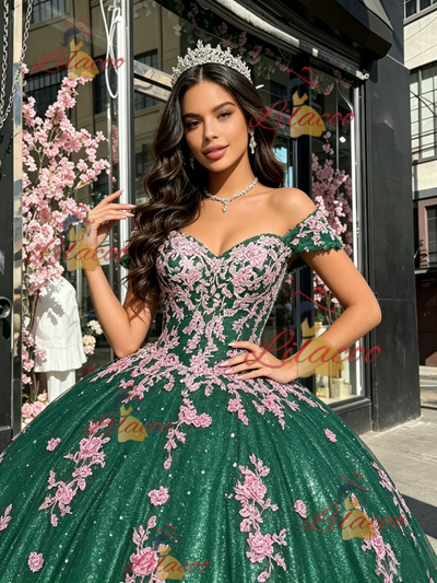 Green Tulle Off the Shoulder Appliques Quinceanera Dress