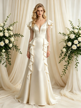 Ivory Satin Long Sleeve Beading Wedding Dress