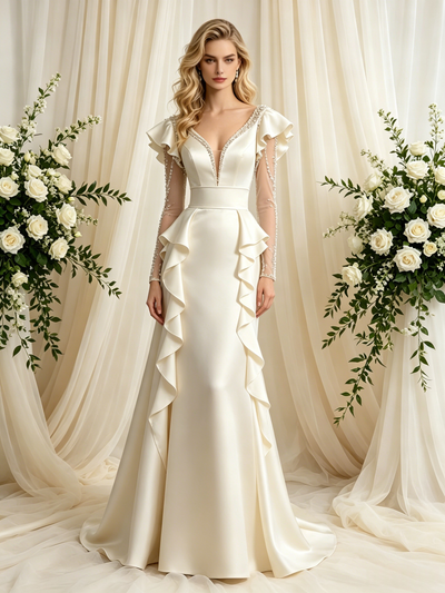 Ivory Satin Long Sleeve Beading Wedding Dress