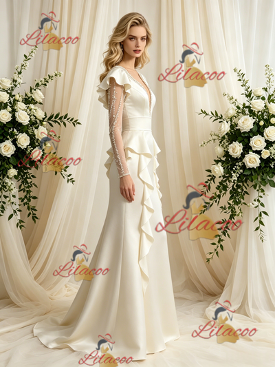 Ivory Satin Long Sleeve Beading Wedding Dress
