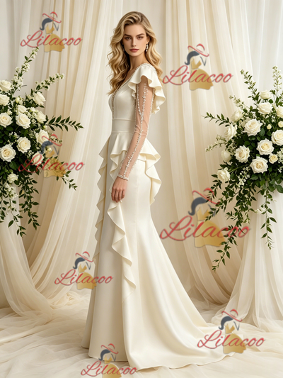 Ivory Satin Long Sleeve Beading Wedding Dress