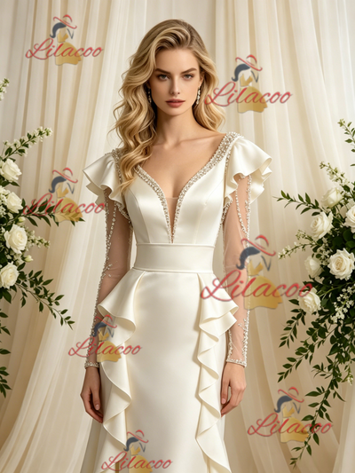 Ivory Satin Long Sleeve Beading Wedding Dress