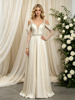 Ivory Long Sleeve Straps Beading Wedding Dress