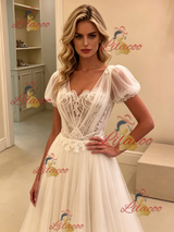 White Tulle Puff Sleeve Appliques Wedding Dress