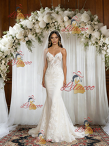 White Mermaid Lace Spaghetti Straps Wedding Dress