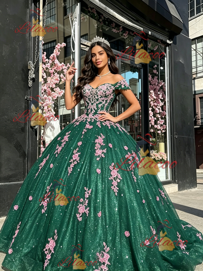 Green Tulle Off the Shoulder Appliques Quinceanera Dress