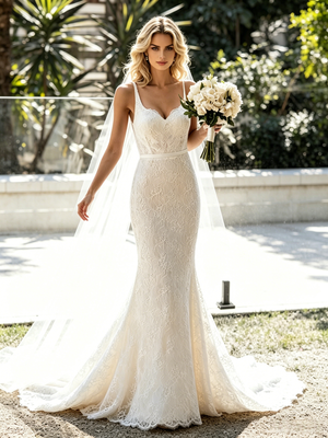 White Mermaid Lace Straps Wedding Dress