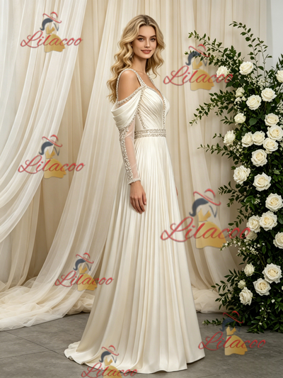 Ivory Long Sleeve Straps Beading Wedding Dress