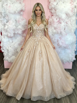 Champagn Tulle Off the Shoulder Prom Dress