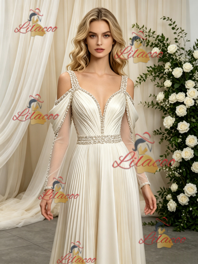 Ivory Long Sleeve Straps Beading Wedding Dress
