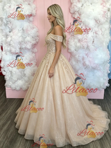 Champagn Tulle Off the Shoulder Prom Dress
