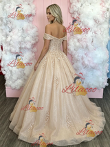 Champagn Tulle Off the Shoulder Prom Dress