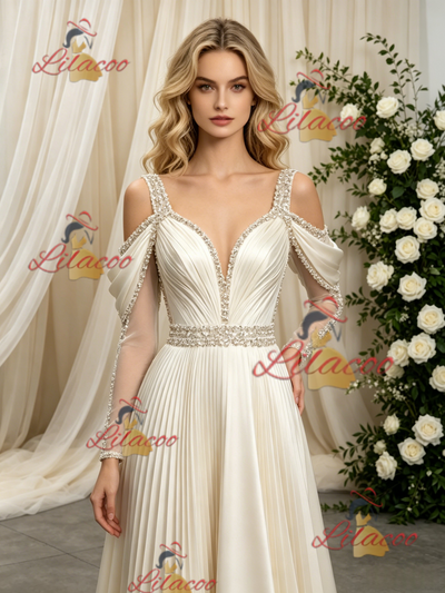 Ivory Long Sleeve Straps Beading Wedding Dress
