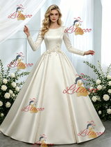 Ivory Satin Long Sleeve Flower Wedding Dress