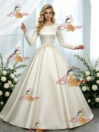Ivory Satin Long Sleeve Flower Wedding Dress