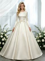 Ivory Satin Long Sleeve Flower Wedding Dress