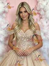 Champagn Tulle Off the Shoulder Prom Dress