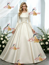 Ivory Satin Long Sleeve Flower Wedding Dress