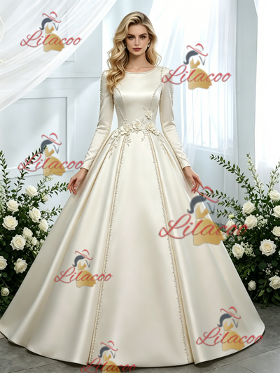 Ivory Satin Long Sleeve Flower Wedding Dress