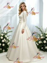Ivory Satin Long Sleeve Flower Wedding Dress