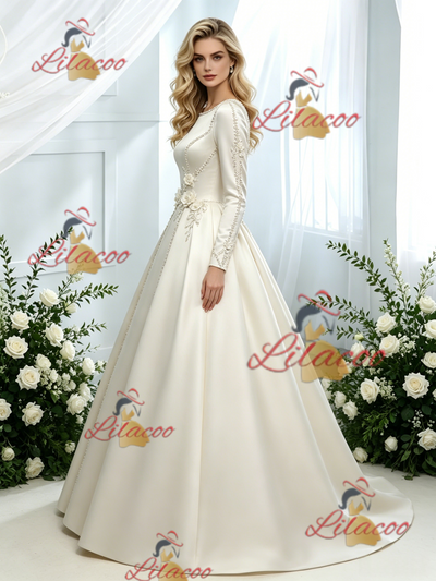 Ivory Satin Long Sleeve Flower Wedding Dress