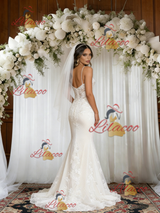 White Mermaid Lace Spaghetti Straps Wedding Dress