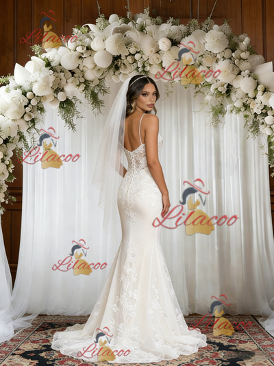 White Mermaid Lace Spaghetti Straps Wedding Dress