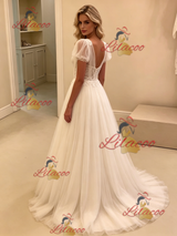 White Tulle Puff Sleeve Appliques Wedding Dress