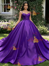 Purple Satin Spaghetti Straps Pleats Quinceanera Dress