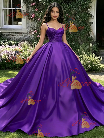 Purple Satin Spaghetti Straps Pleats Quinceanera Dress