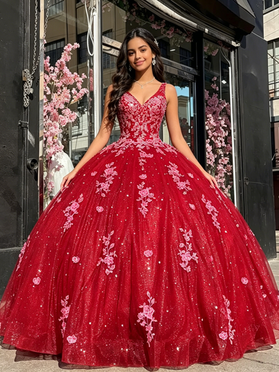Red V-neck Tulle Appliques Quinceanera Dress