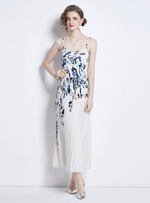 Printed Pleated Sling Pleated Dress