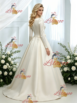 Ivory Satin Long Sleeve Flower Wedding Dress