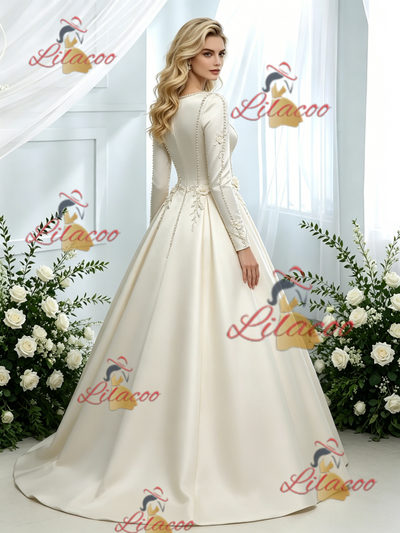 Ivory Satin Long Sleeve Flower Wedding Dress