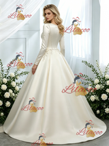 Ivory Satin Long Sleeve Flower Wedding Dress