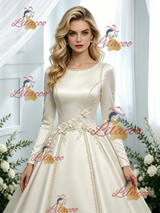 Ivory Satin Long Sleeve Flower Wedding Dress
