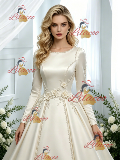 Ivory Satin Long Sleeve Flower Wedding Dress
