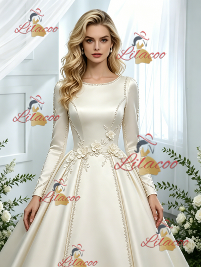 Ivory Satin Long Sleeve Flower Wedding Dress