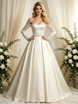 Ivory Satin Long Sleeve Beading Wedding Dress