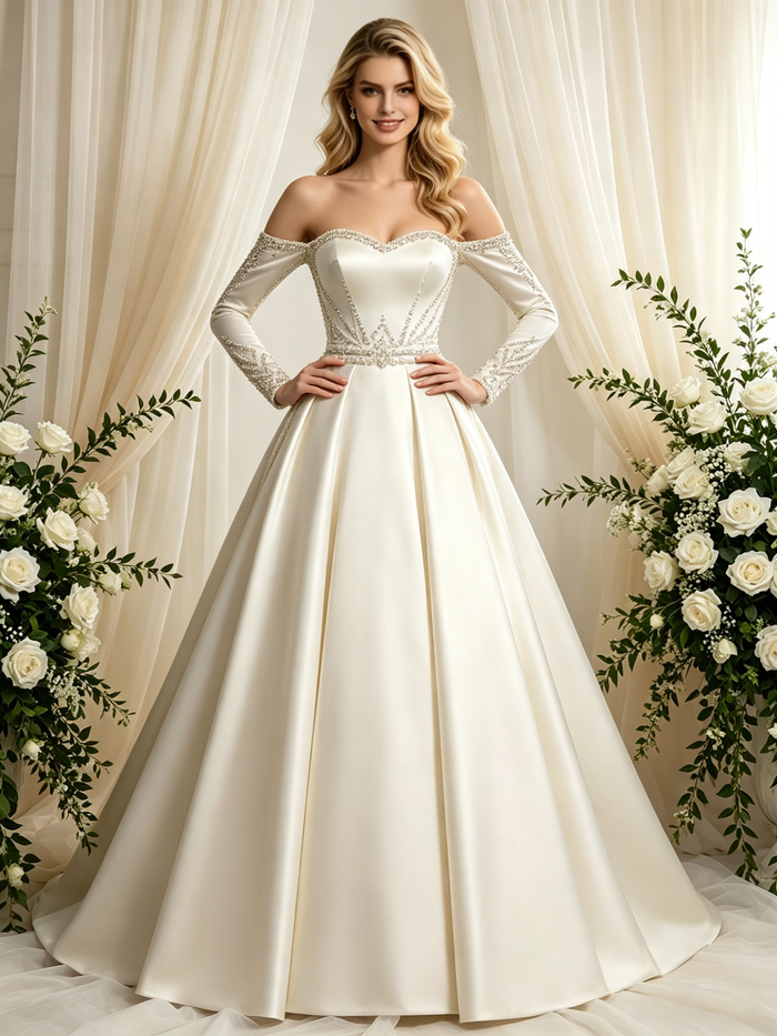 Ivory Satin Long Sleeve Beading Wedding Dress